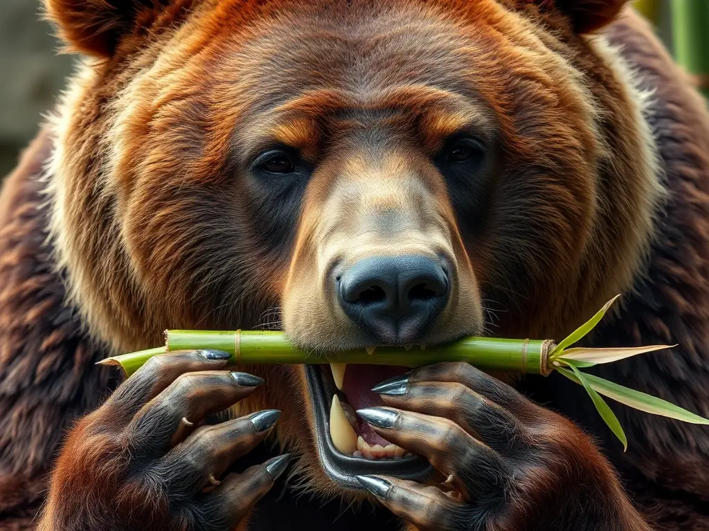 Retrato fotográfico de oso pardo de aspecto realístico, masticando bambú, con alta calidad