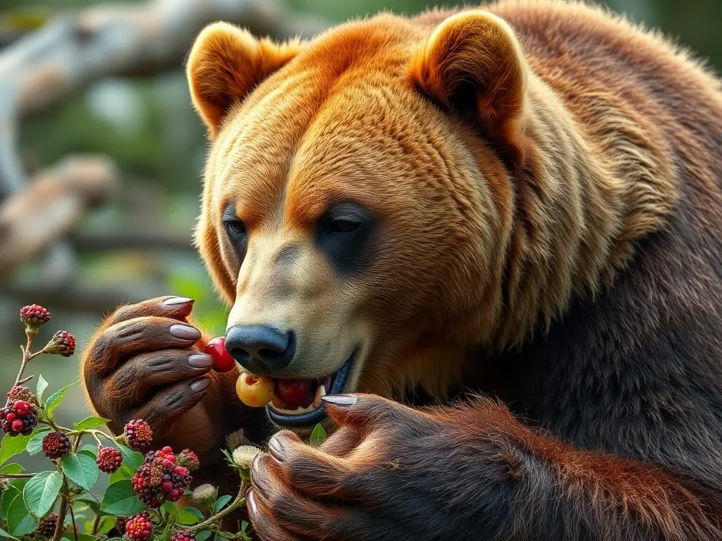 Fotografía realista de un oso comiendo bayas y líquenes en alta resolución
