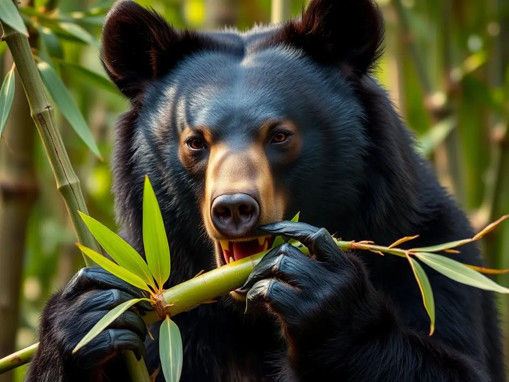 Fotografía realista de un oso pardo americano comiendo un bambú en un bosque exuberante