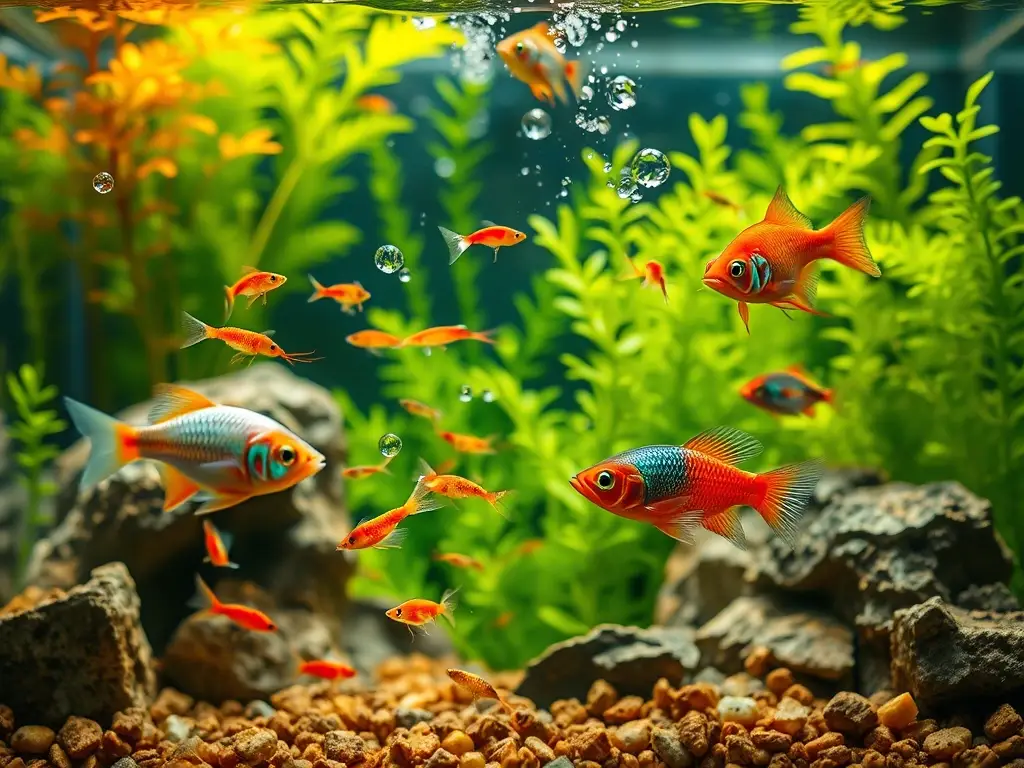 Acuario fotorealista con peces alimentándose