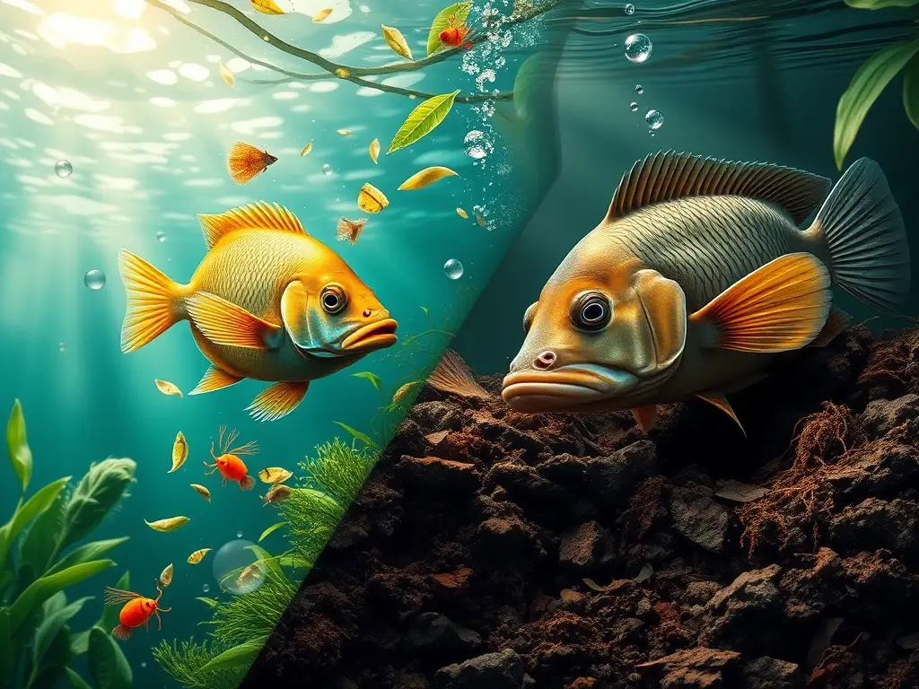 Ilustración submarina fotorrealista de peces alimentándose