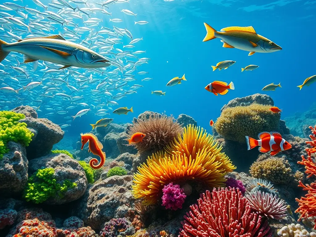 Escena submarina vibrante con peces y simbiosis