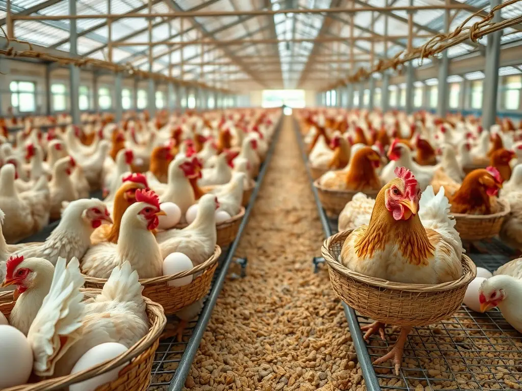 Fotografía realística de una casa de pollos con huevos recién puestos