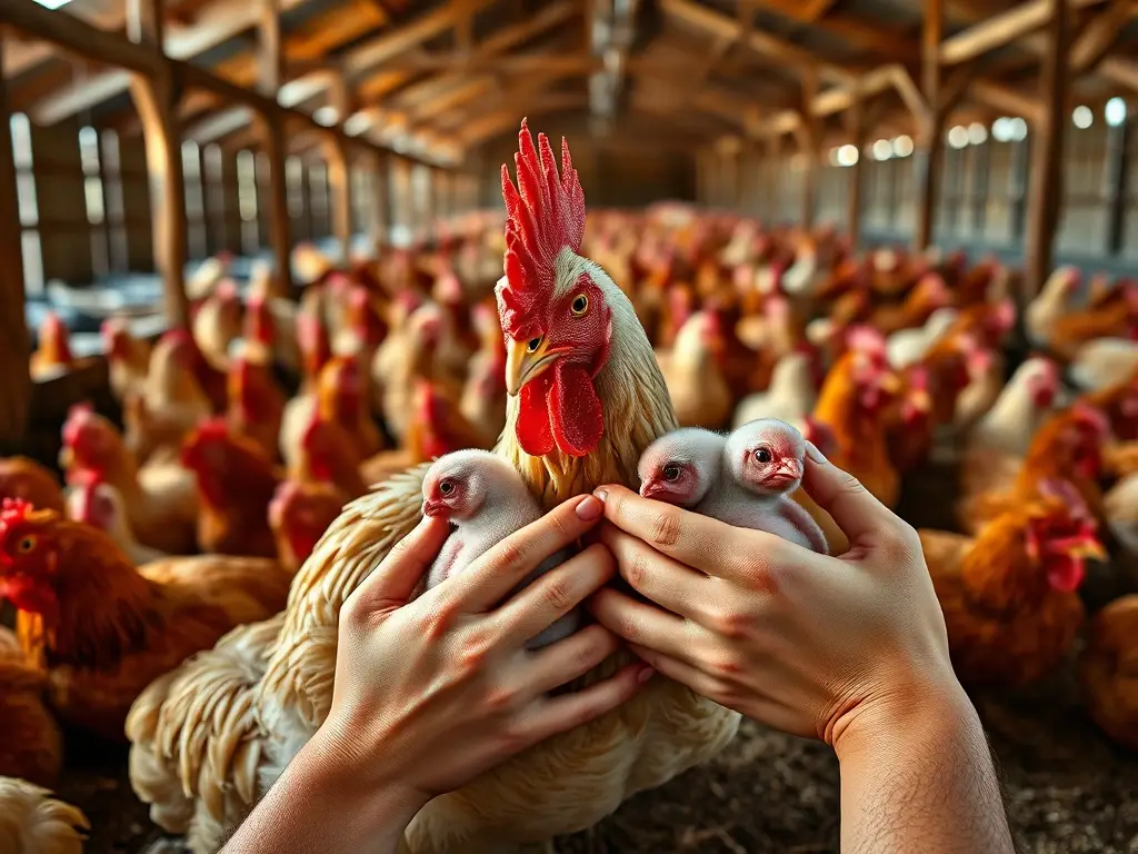 Foto realista de un granja con pollos y bebés
