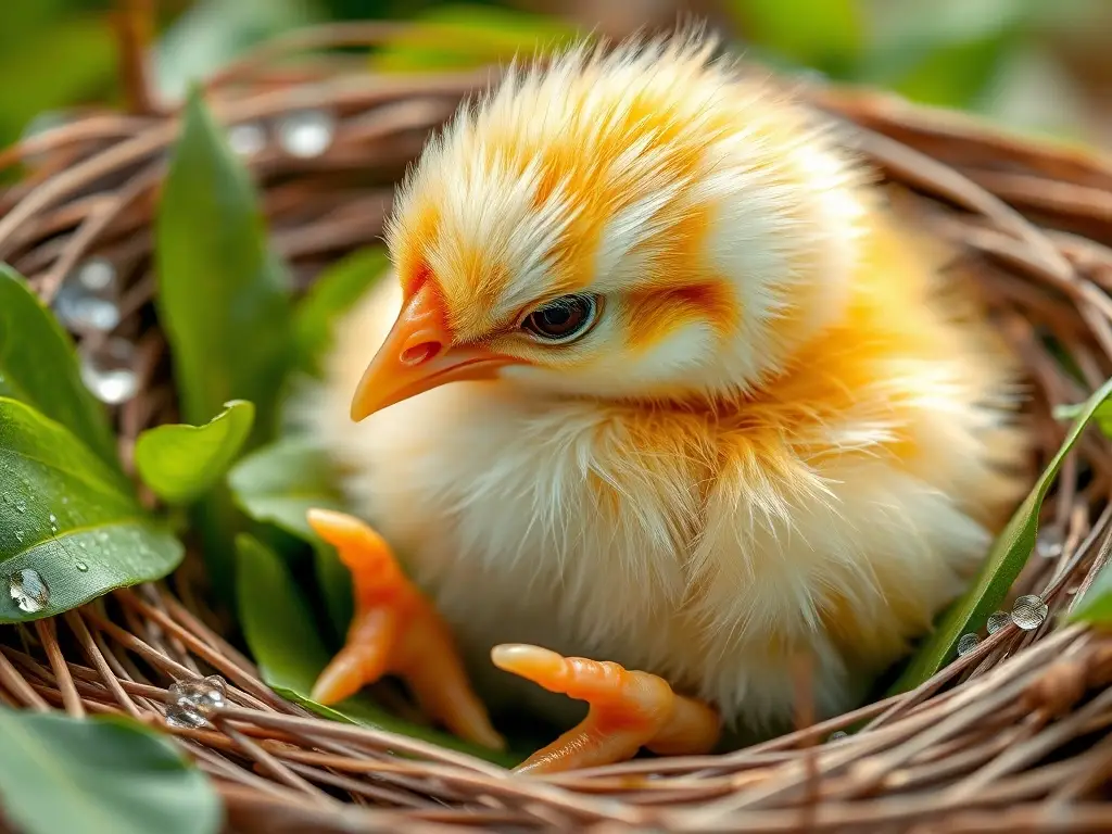 Fotografía realista de una choza con pollitos