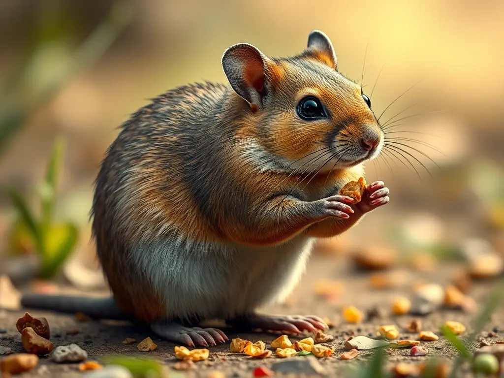 Foto de raton doméstico realista, con comida y detallada