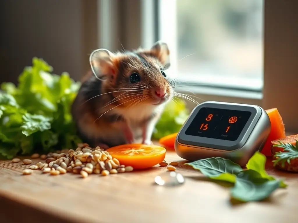 Ratón sano rodeado de alimentos y monitor