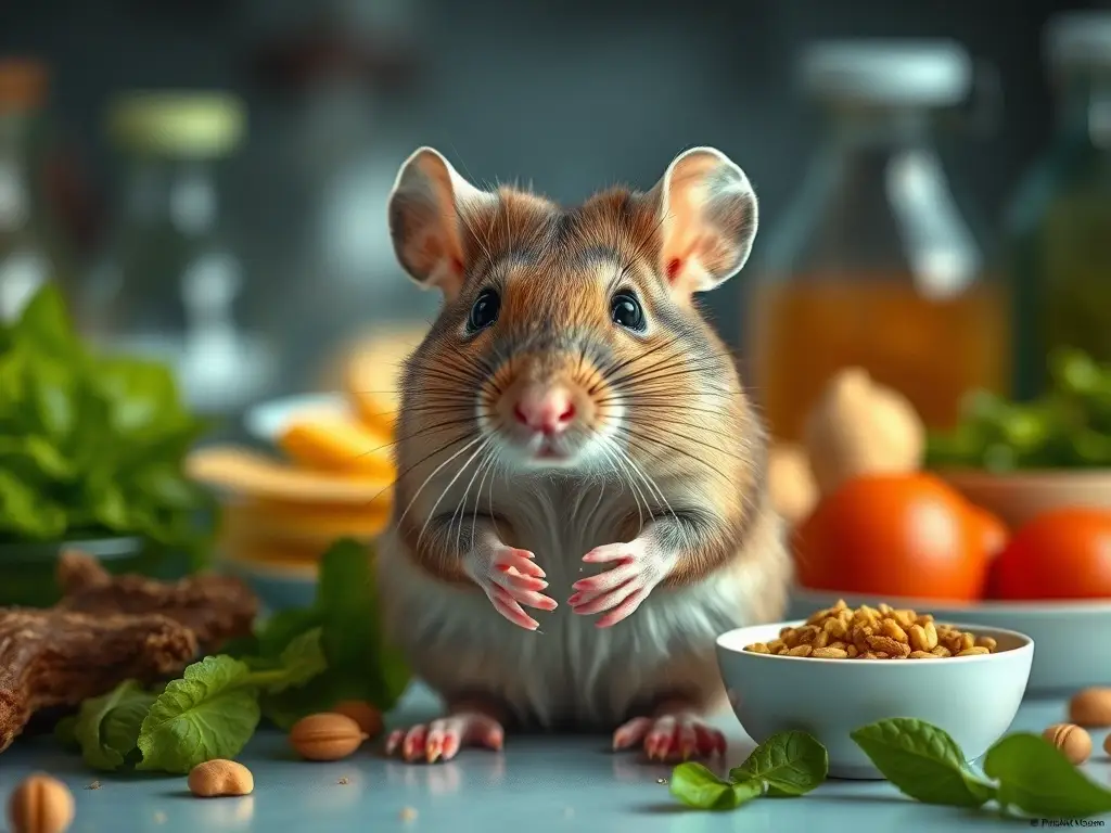 Foto realista de ratito con opciones de comida con diseño de laboratorio