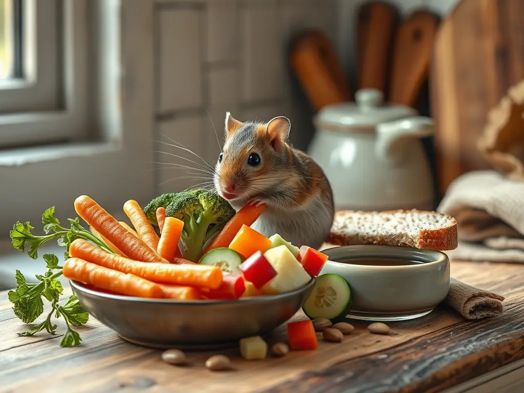 Ratón realista come verduras en cocina