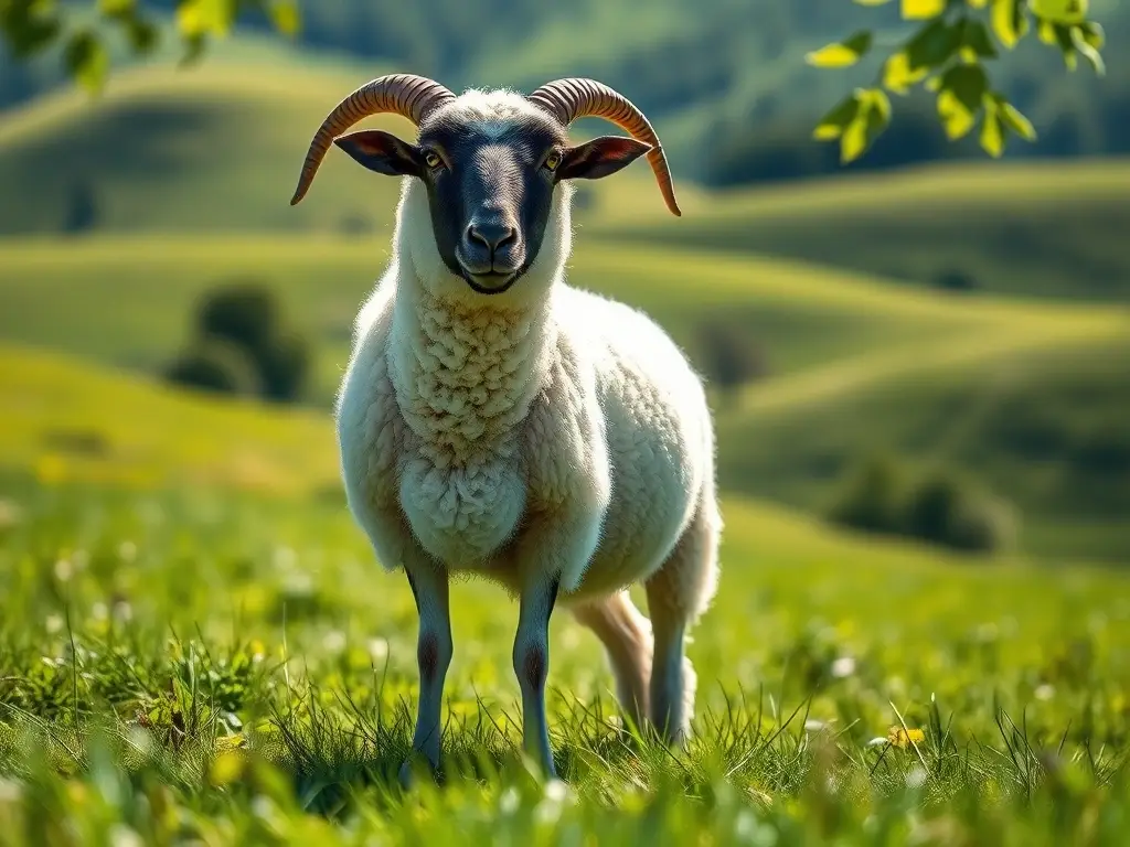 Fotografía realista de un corpulento ovejero Valais Blacknose en un paisaje verde