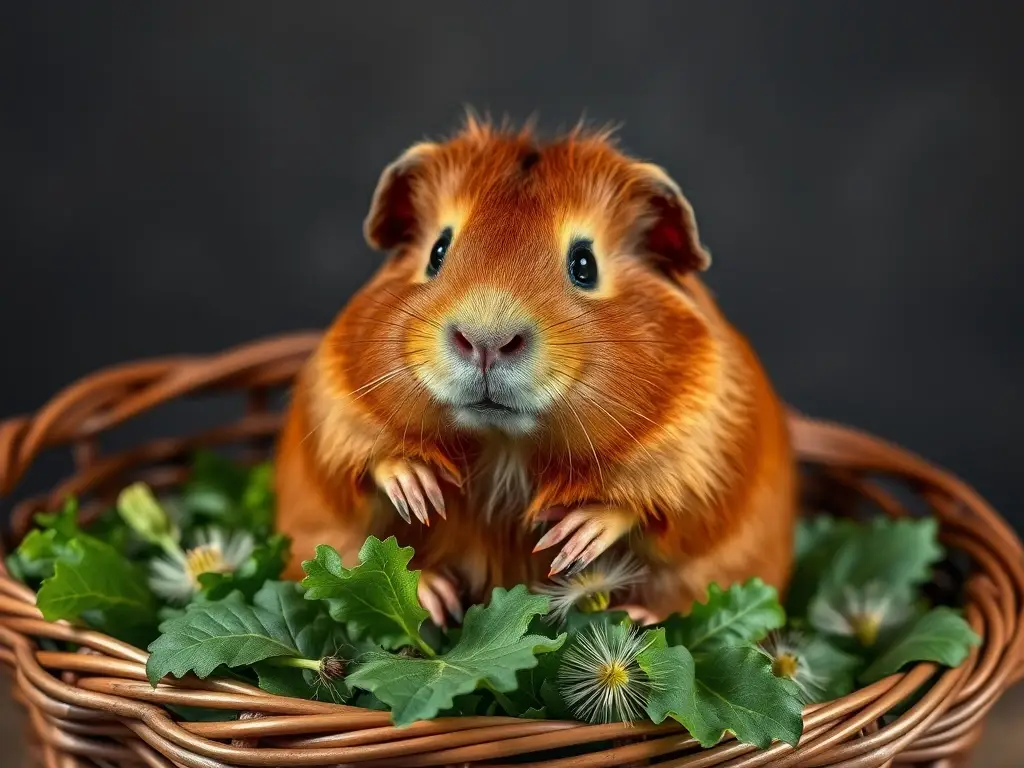 Fotorealista de un chicharro de Guinea pig con exuberante verdura sobre un cesto de madera
