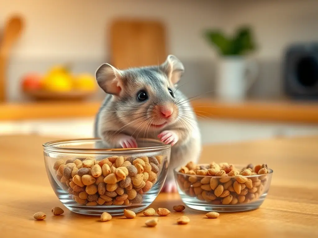 Ratón sano junto a comedero en cocina