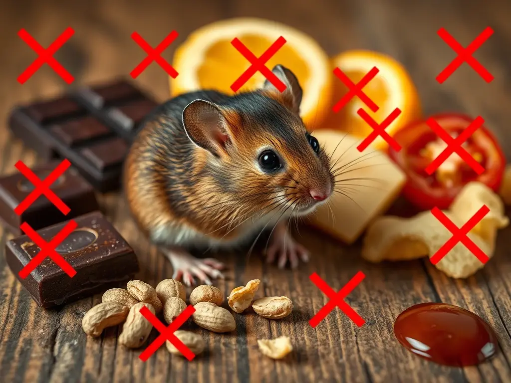 Ratón marrón rodeado de alimentos peligrosos