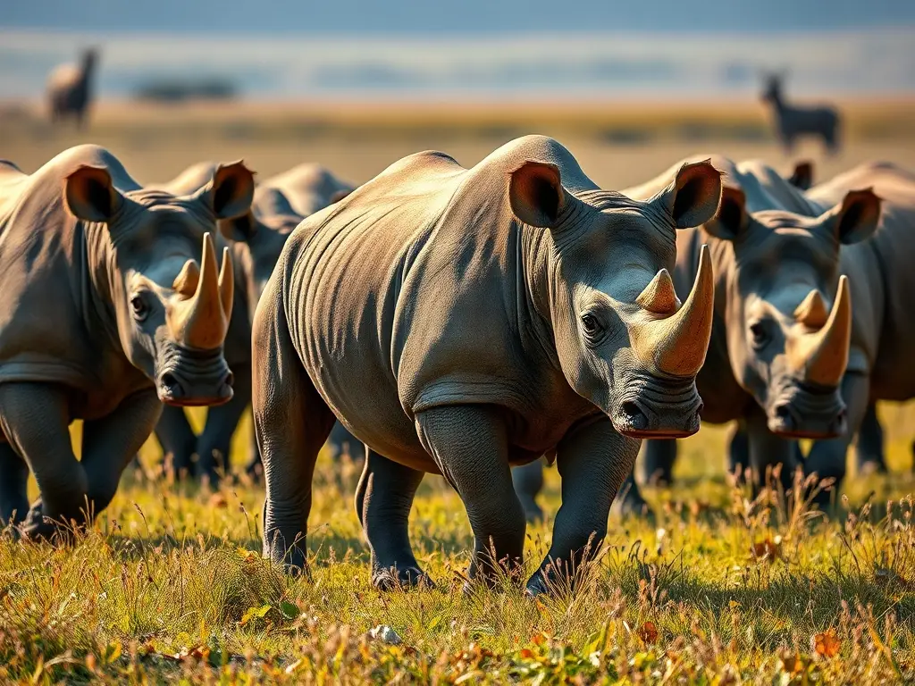 Foto realista de un grupo de rinocerontes en savana, sin distorsiones