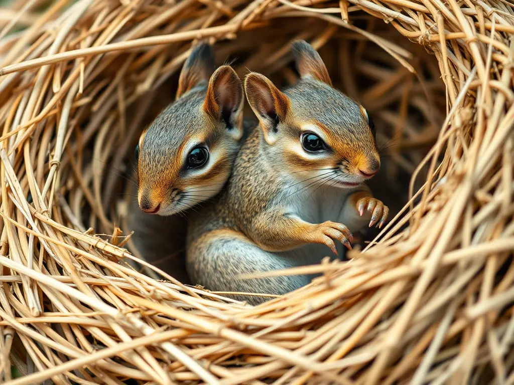 Photorealistic image of a Warrens squirrel in a haystack