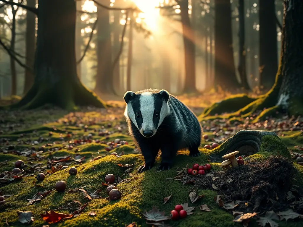 Tejón europeo en bosque brumoso al atardecer