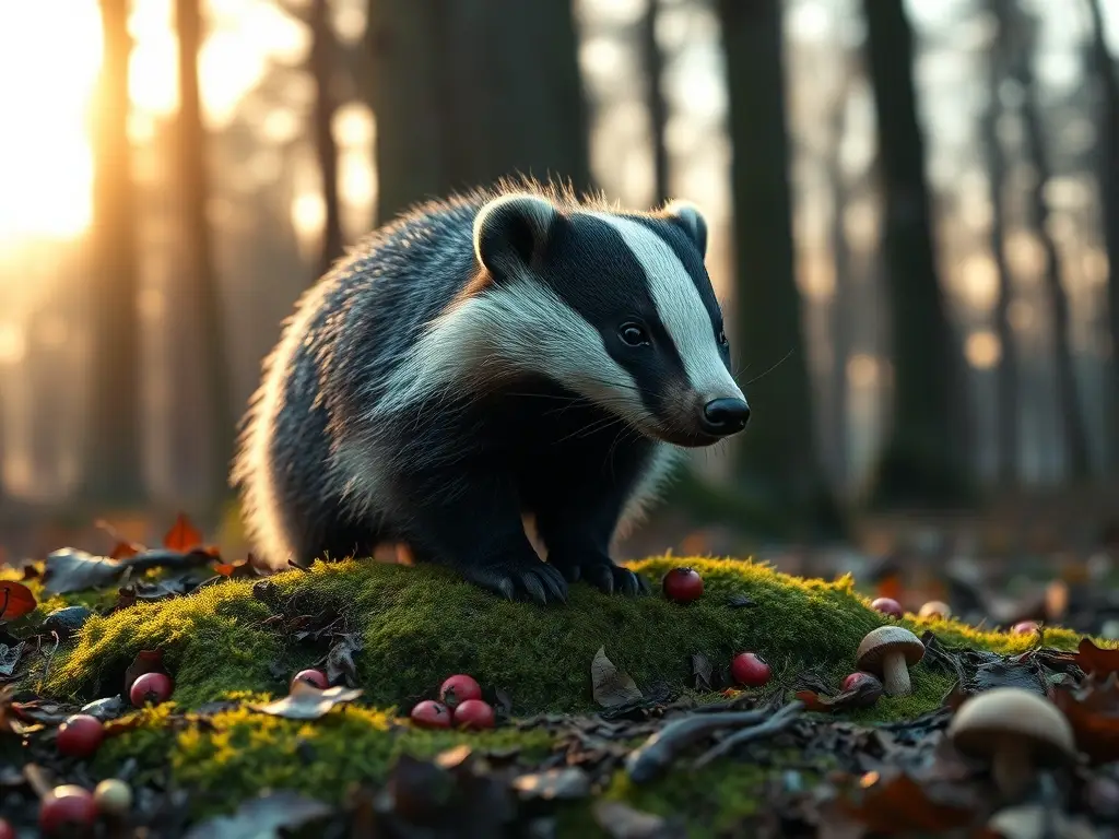 Tejón europeo en bosque al atardecer