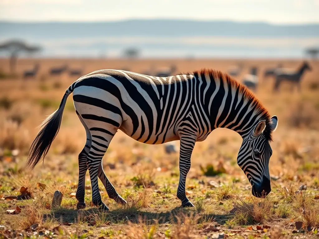 Fotorealistic image of a zebra grazing in a savanna