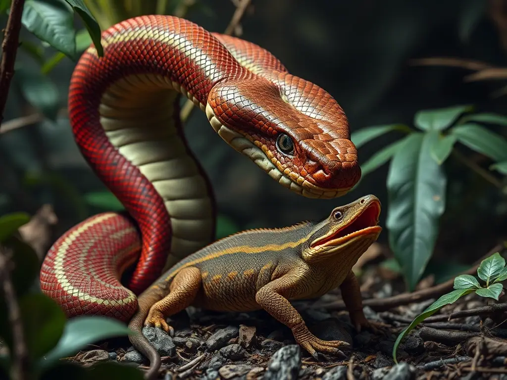 Foto realista de una boa constrictor comiendo lagarto en selva