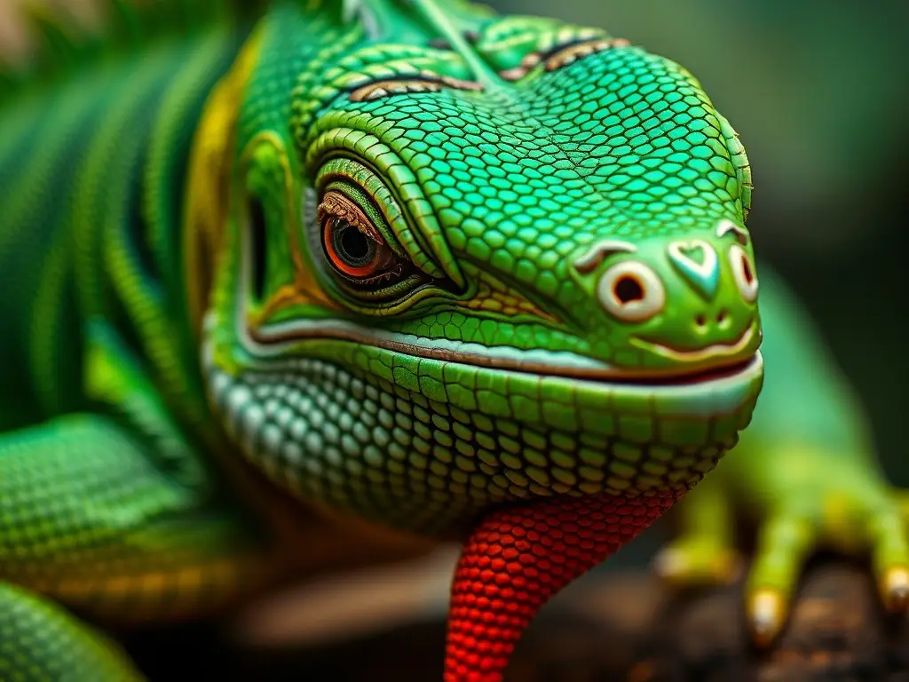 Fotografía realista de un iguana verde captive, con detalles magníficos