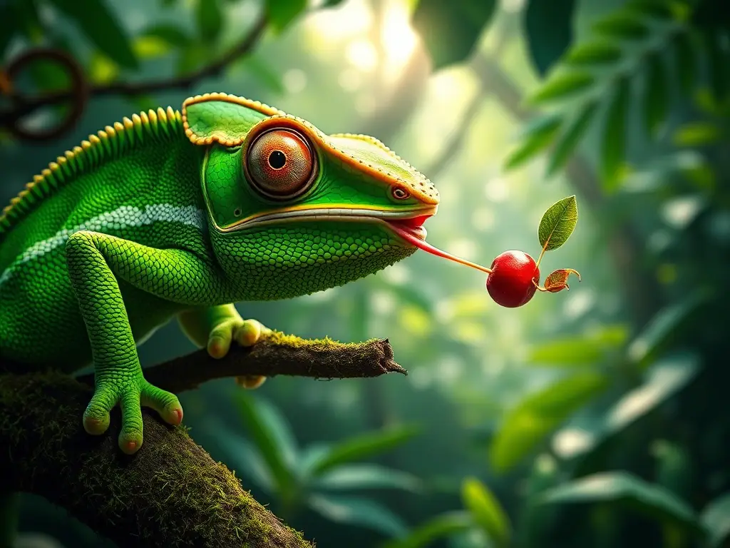 Camaleón verde en rama, captura grillos