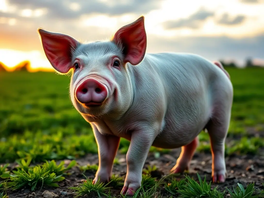 Imagen de cerdo realista, familiar, en un paisaje de atardecer
