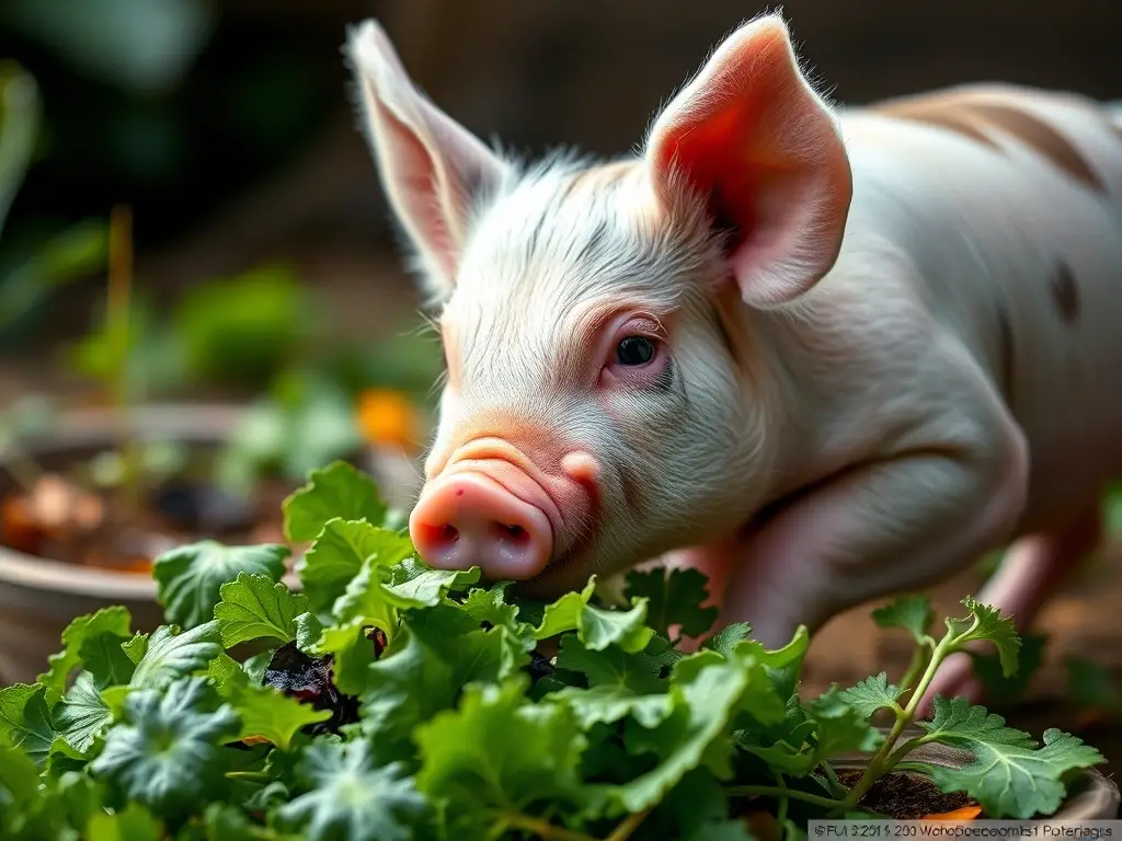 Imagen realista de un piglet comiendo ensalada
