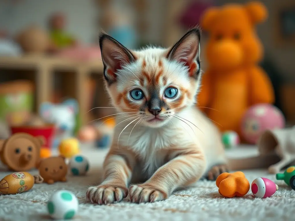 Fotografía realista de gatito siames y objetos de juguete