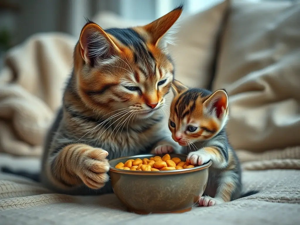 Imagen realista de una gata madre alimentando a un gatito de pómulos