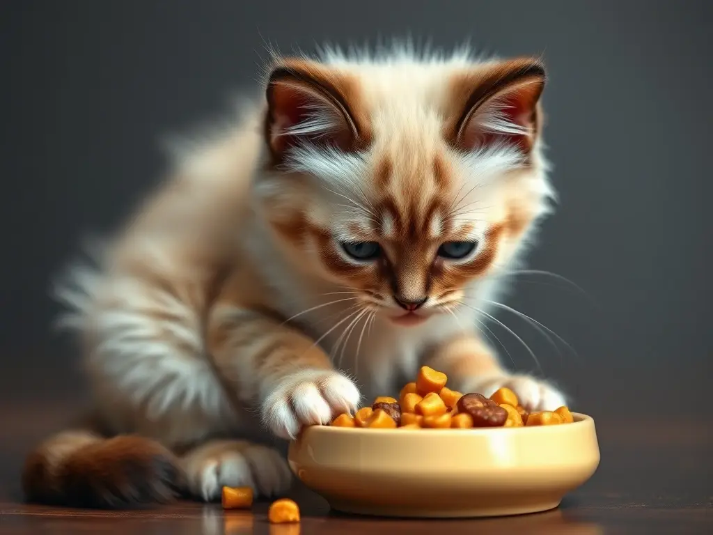 Foto realista del gatito Ragdoll comiendo con precisión
