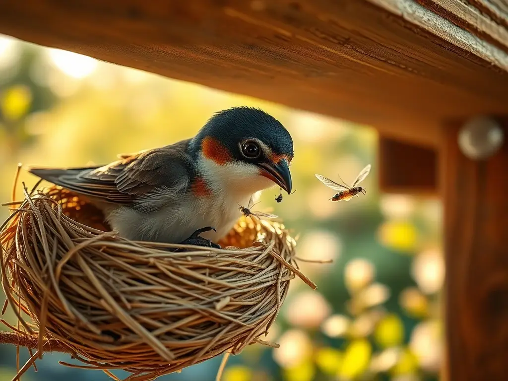 Golondrina bebé alimentada por su madre