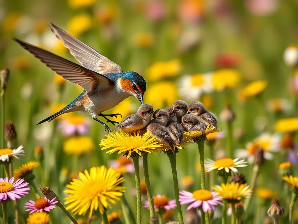 fotografía realista de un prado con loras y flores, con luz natural