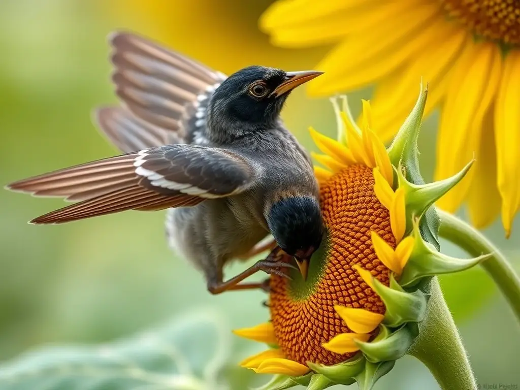 Foto realista de un pollo de común europeo comiendo semillas de girasol