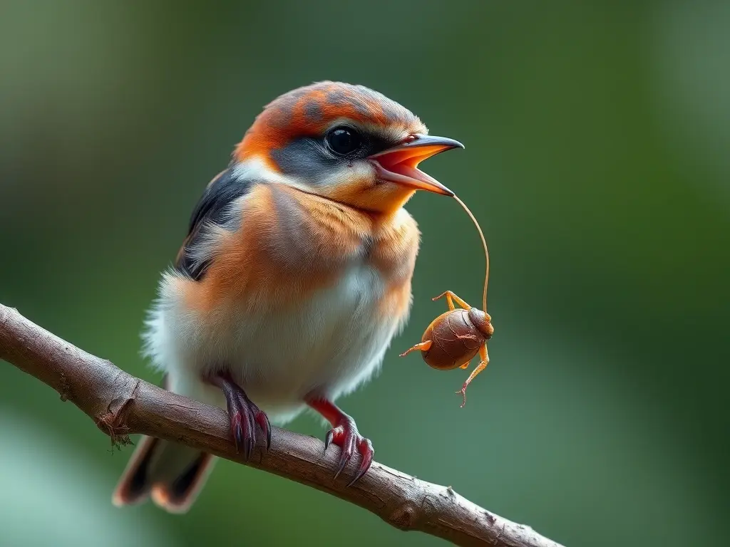 Imagen realista de un colibrí bebé en un árbol, listo para picar