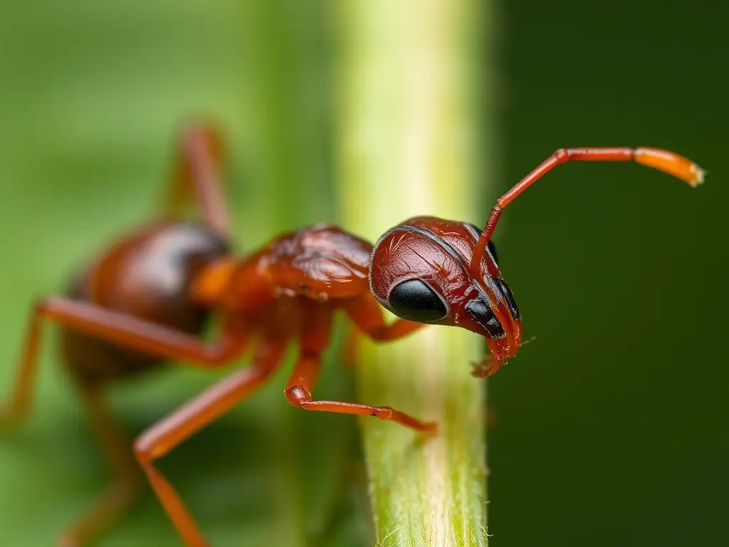 Imagen realista de arañas de la madera roja comiendo al interior de una hoja
