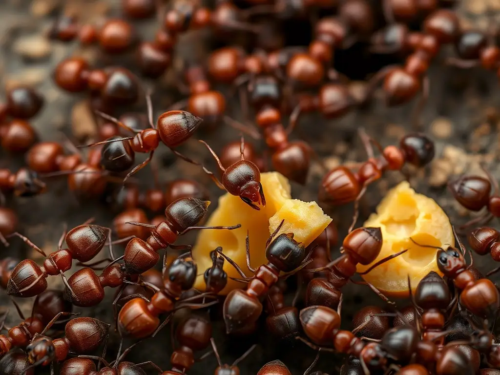 Fotorealista, ant colony con queso, sin marca, con precisión