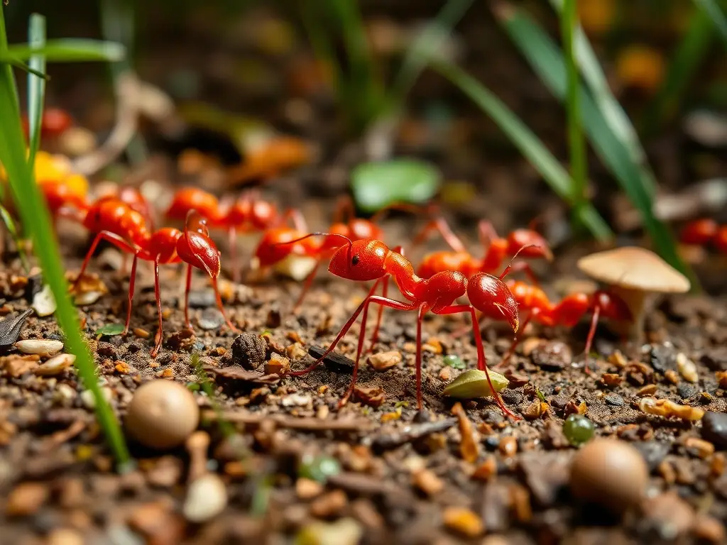 Macro de hormigas de fuego en bosque