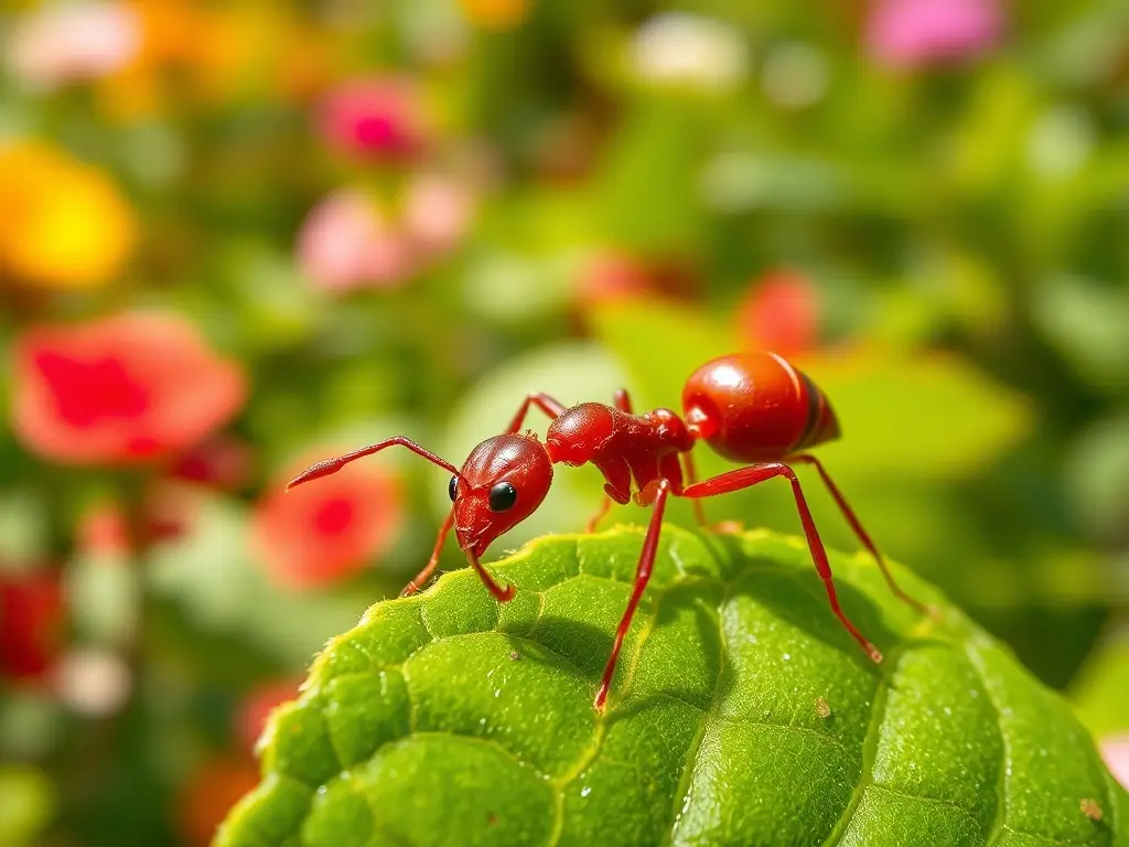 Imagen realista de hormiga roja comiendo en un jardín vibrante