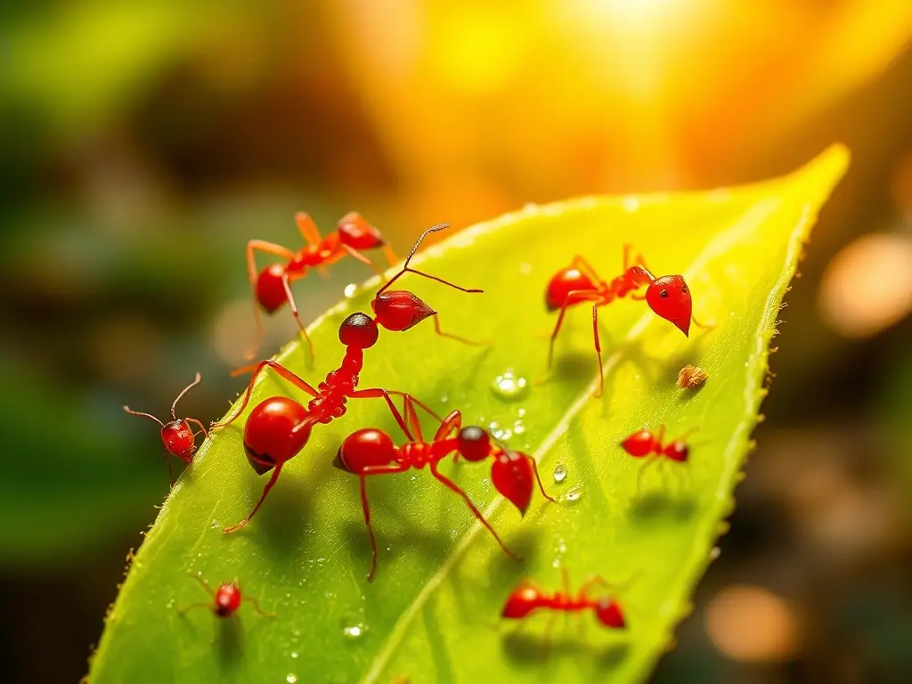 Hormigas rojas en hoja verde