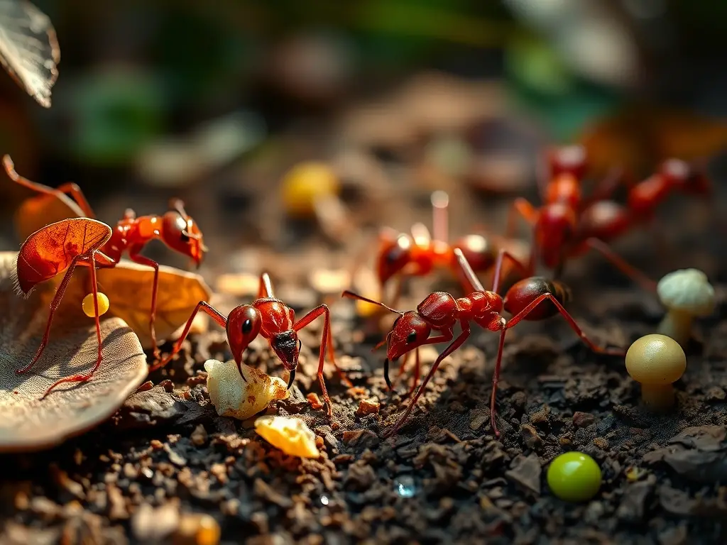 Macro realista: hormigas rojas forrajeando