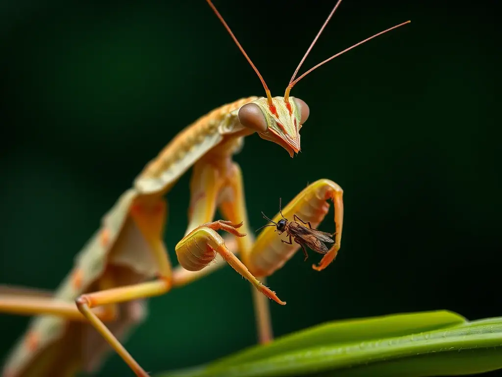 Representación fotoréalista de mantis religiosa comiendo insecto