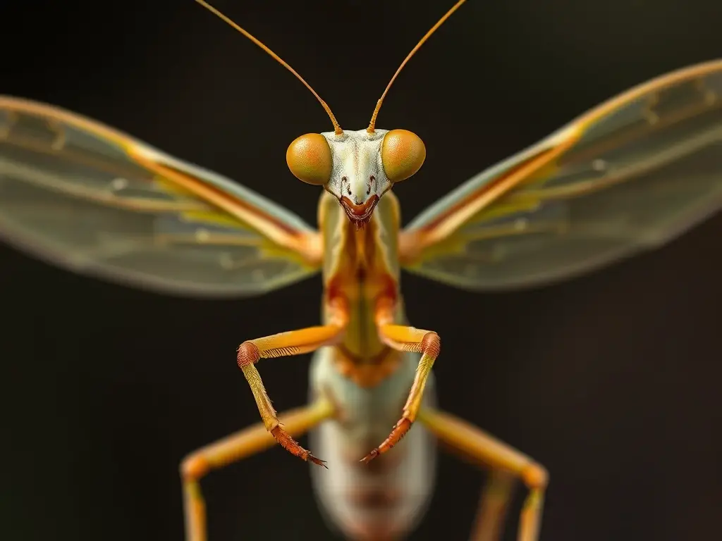 Imagen realista de mantis bebé, alas desplegadas, 8k