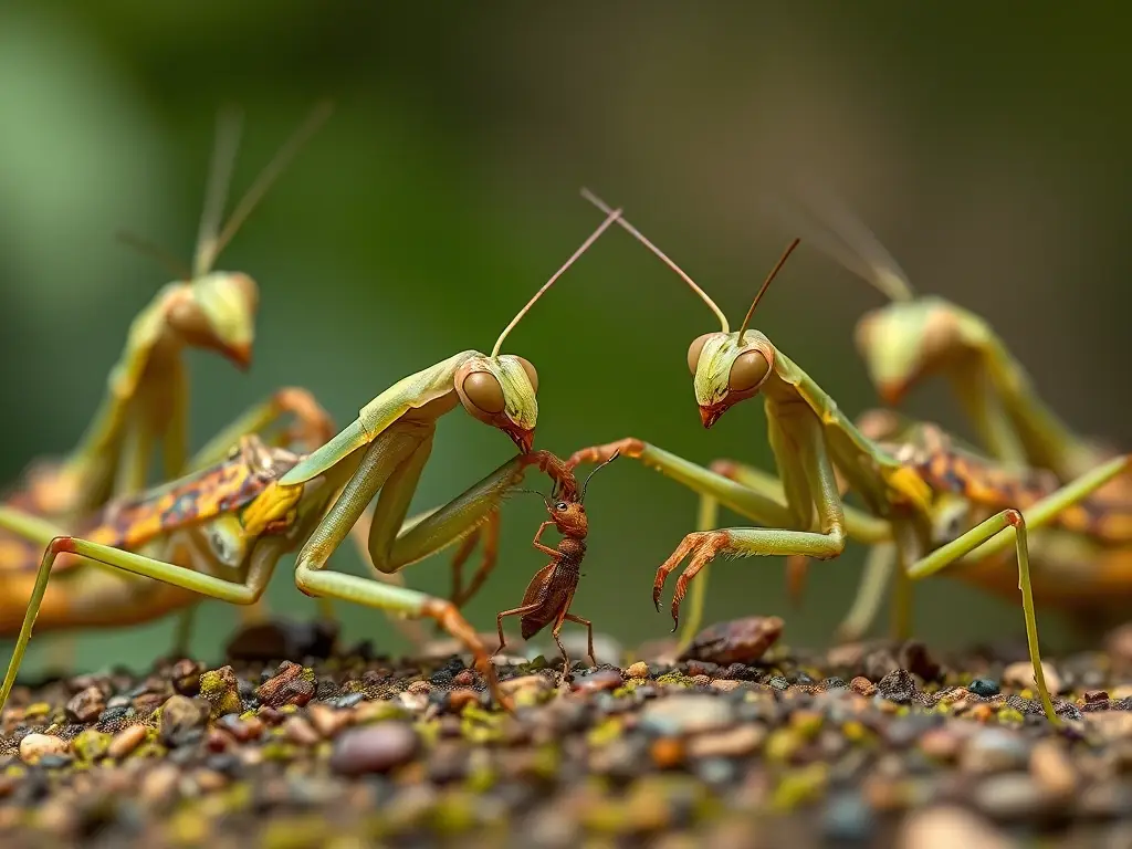 Fotografía real de mantises en combate por una hormiga