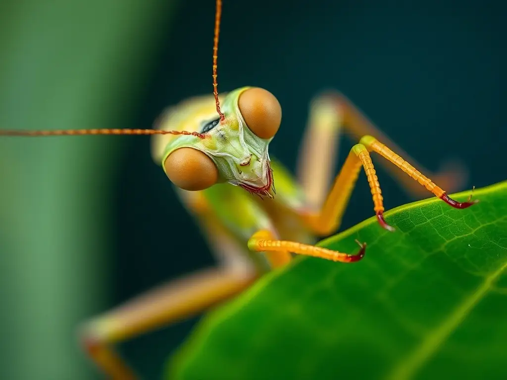 Foto de una mantis religiosa camuflada en una hoja, 8K, naturalismo