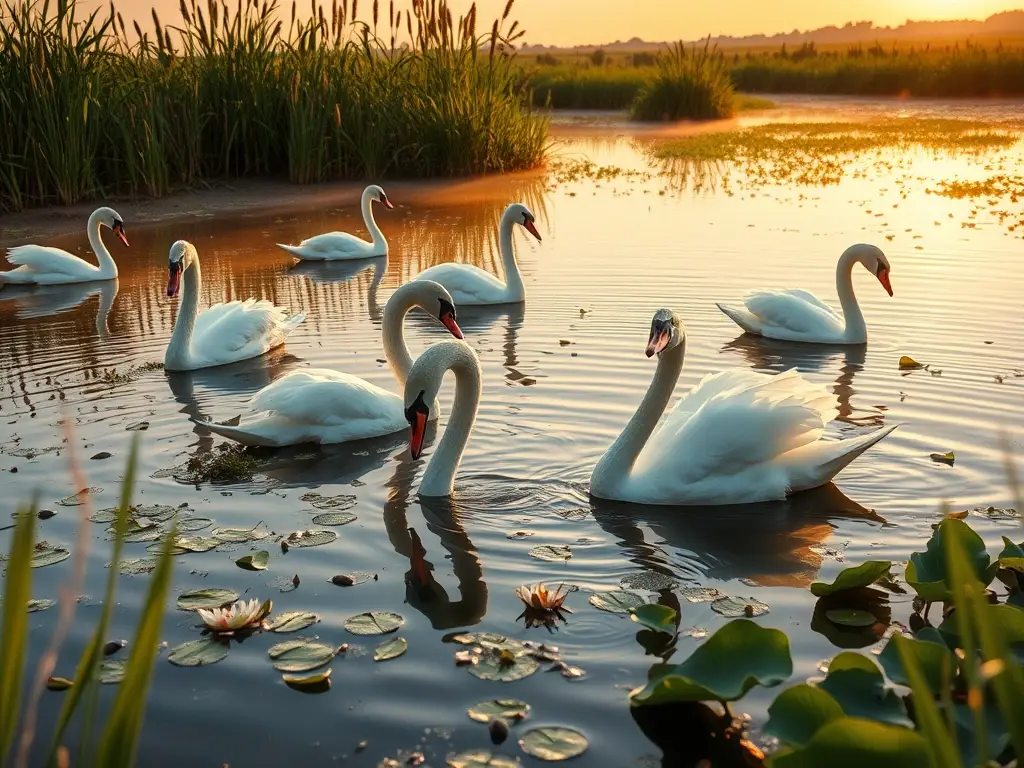 Estanque sereno con cisnes al atardecer