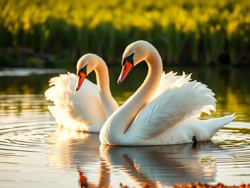 Foto de dos cisnes Swans surcando un espejo de agua con luz dorada