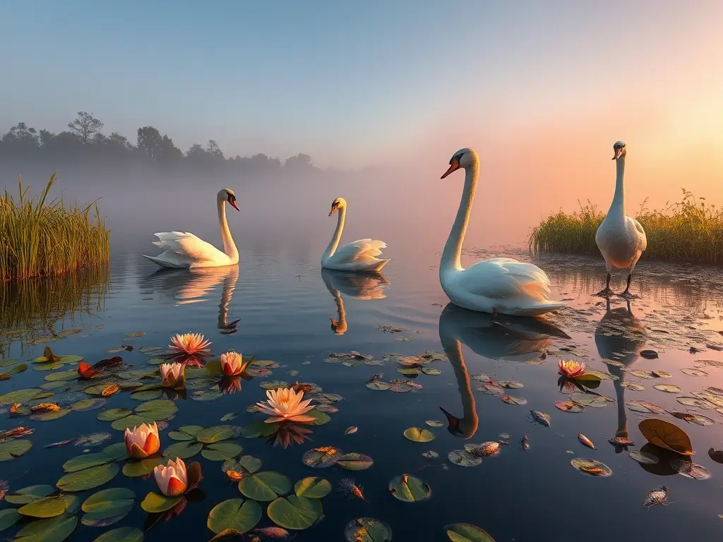 Lago al amanecer con cisnes y alimento