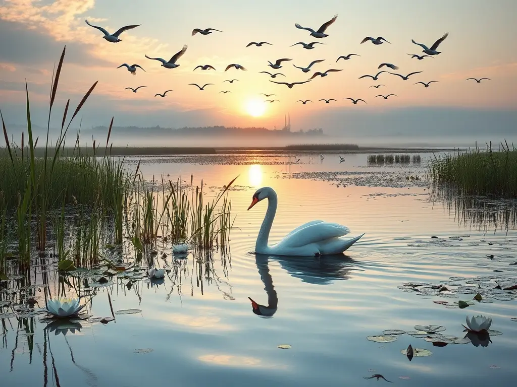 Cisne elegante navega lago, amenaza sutil