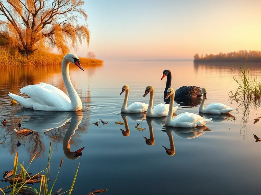 Lago al amanecer con cisnes majestuosos