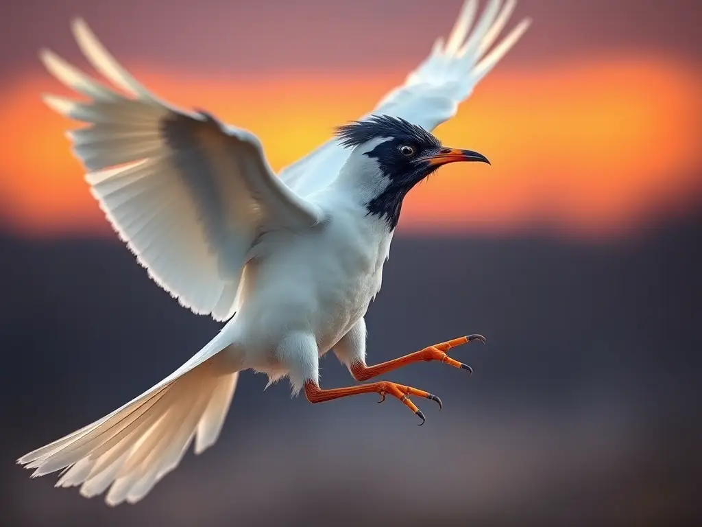 Imagen realística de un pato andino con plumas perfectas, volando al atardecer